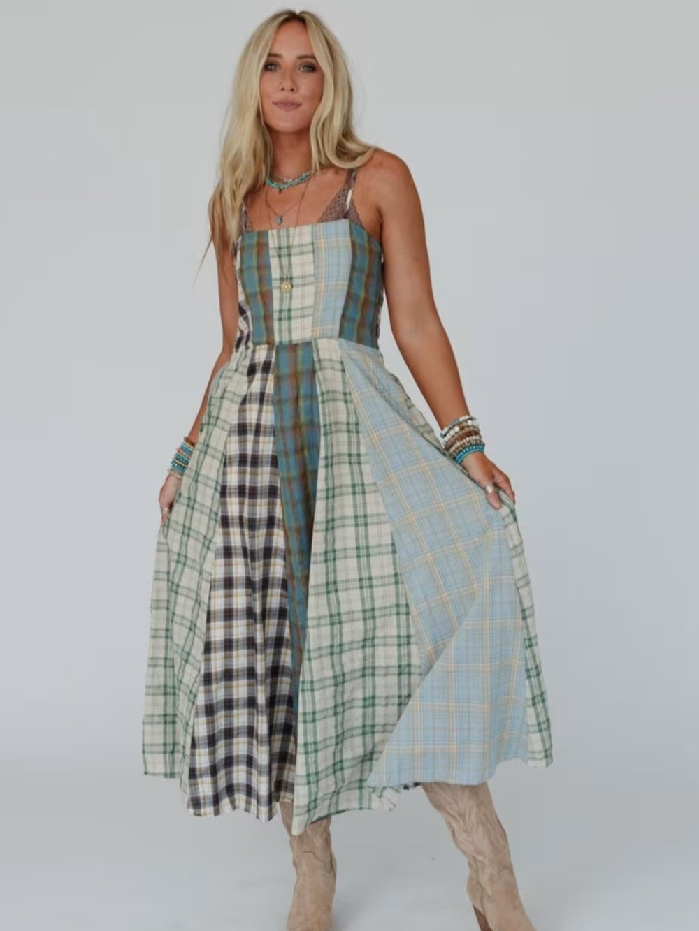 Shop Ivory Buck GiGio Teal Patchwork Plaid Square Neck Western Charm Midi Dress - Picture 5 of 15
